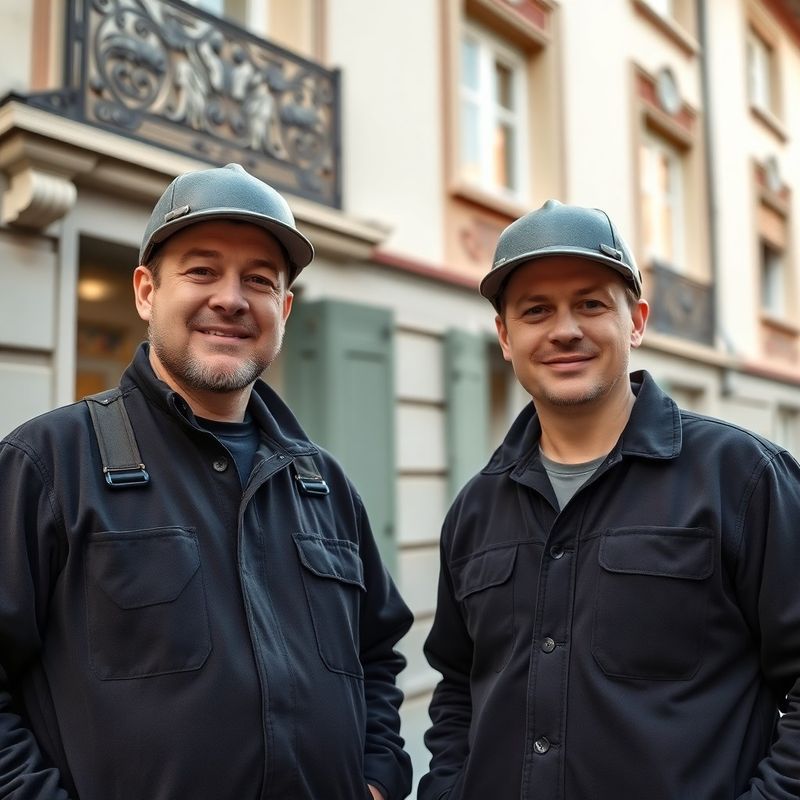 Dva řemeslníci v pracovním oděvu před brněnským činžovním domem